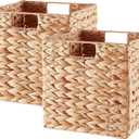 Wicker Storage Basket, Set of 2 Water Hyacinth Storage Baskets for Organizing, 11x11x11 Storage Cube Bins, Wicker Storage Cubes, Natural Foldable Square Baskets for Shelf Laundry Organizer