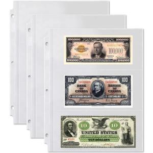 Dunwell Binder Currency Sleeves for Collectors - (50 Pack), Acid-Free 3-Pocket Clear Plastic Refill Pages for Currency Collection Album, 3-Ring Binder Sheet Protectors for Bills, Banknotes or Coupons
