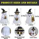 Resin Small White Ghost Figurines, 3PCS Ghosts with Witch Hats, Cute Ghost Statue for Spooky Halloween Decor, for Indoor Halloween Party Tabletop Home Shelf Decoration (Set of 3, White, Black and Gold)