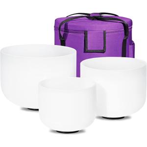 432HZ Sound Healing 8''-12'' Set of 3 Crystal Singing Bowls, Frosted Chakra Quartz Crystal Sound Bowl Set 8'' B Crown, 10'' E Solar Plexus, 12'' C Root with Carry Bags