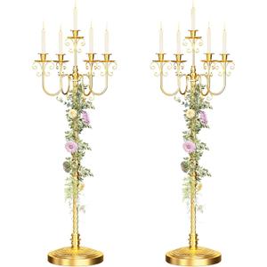 Floor Candelabra 50 Inch Gold Candlestick Holder 5 Arms Candle Holders Antique Flower Stand Centerpiece Decorative Candle Holder for Events, Party, Ceremony, Wedding Aisle, Home 2 Pcs (Beaded Styling)