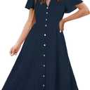 ROYLAMP Women's Floral Button Up Split Dress Deep V Short Bell Sleeve Casual Midi Dress with Pockets (X-Large)
