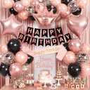 Rose Gold Birthday Decorations - Black & Rose Gold Balloons, Happy Birthday Banner, Sash, Cake Topper, Fringe Curtain & Foil Balloons for Girls' Party Supplies