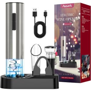 Electric Wine Opener,Automatic Wine Bottle Opener Rechargeable Cordless Electric Corkscrew Wine Opener Gift Set with Wine Stopper, Foil Cutter, Wine Aerator,Storage Base & Charging Cable
