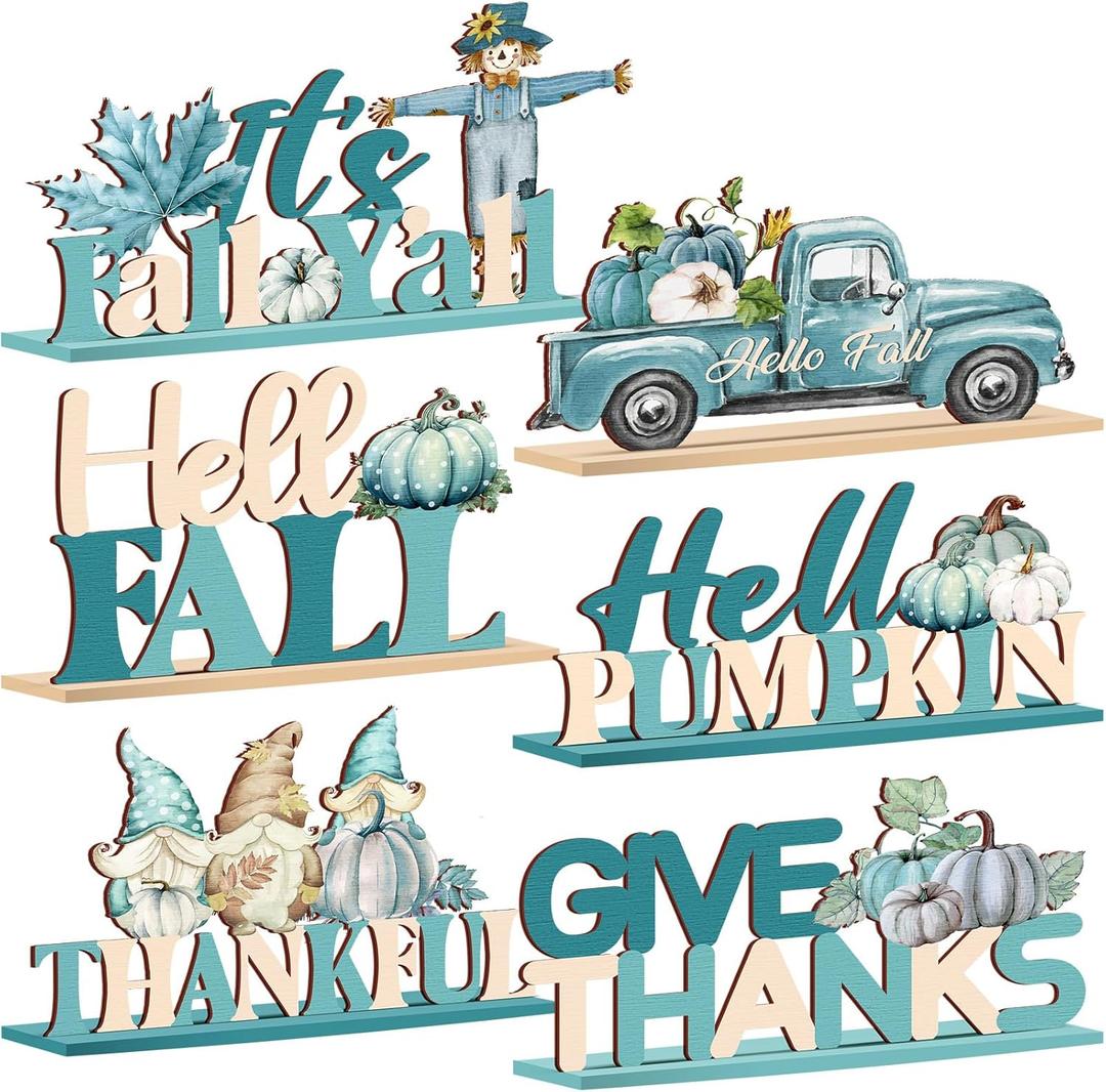 6 Pcs Thanksgiving Fall Wooden Sign Blue Teal Fall Decor Autumn Table Decoration Pumpkin Centerpieces Tabletop Decor for Harvest Farmhouse Home Party Decorations Supplies