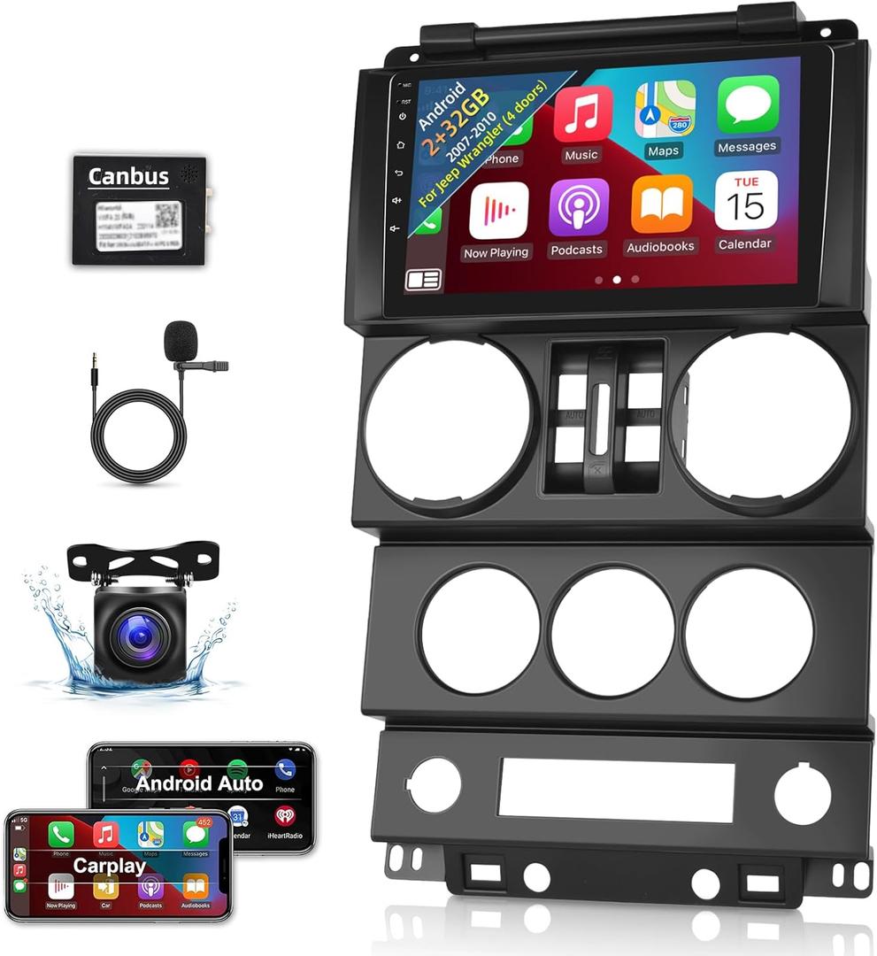 for Jeep Wrangler (4 Doors) 2007 2008 2009 2010 with Wireless Apple Carplay and Android Auto, 2+32G 9 Inch Touchscreen Android Car Radio, DSP/GPS/WiFi + AHD Backup Camera and Mic
