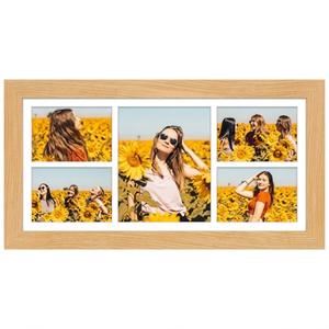 Gaevuian 11x23 Picture Frame Display 5 opening 5x7 and 8x10 Picture Frame Collage, Multi Photo Frame with Mat, Plexiglass, Horizontal and Vertical Formats for Wall Decor, Natural Wood Grain