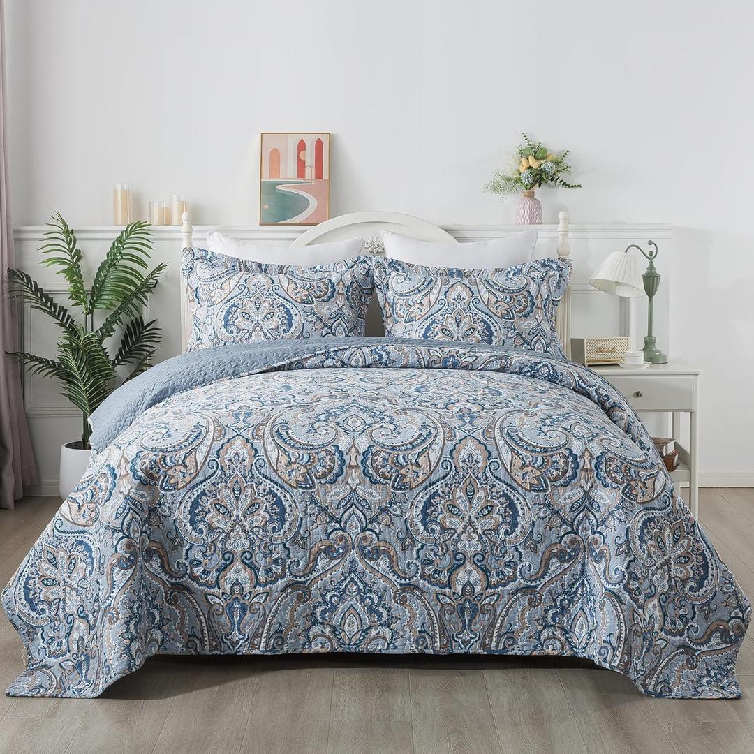 Etwel Queen Size Quilt Set, Crown Grey Queen Quilt 3 Pieces, Lightweight Cotton Bedspread, Soft Bedding Set for All Season, Reversible Coverlet Bedding Set, Queen Size 90"x98"