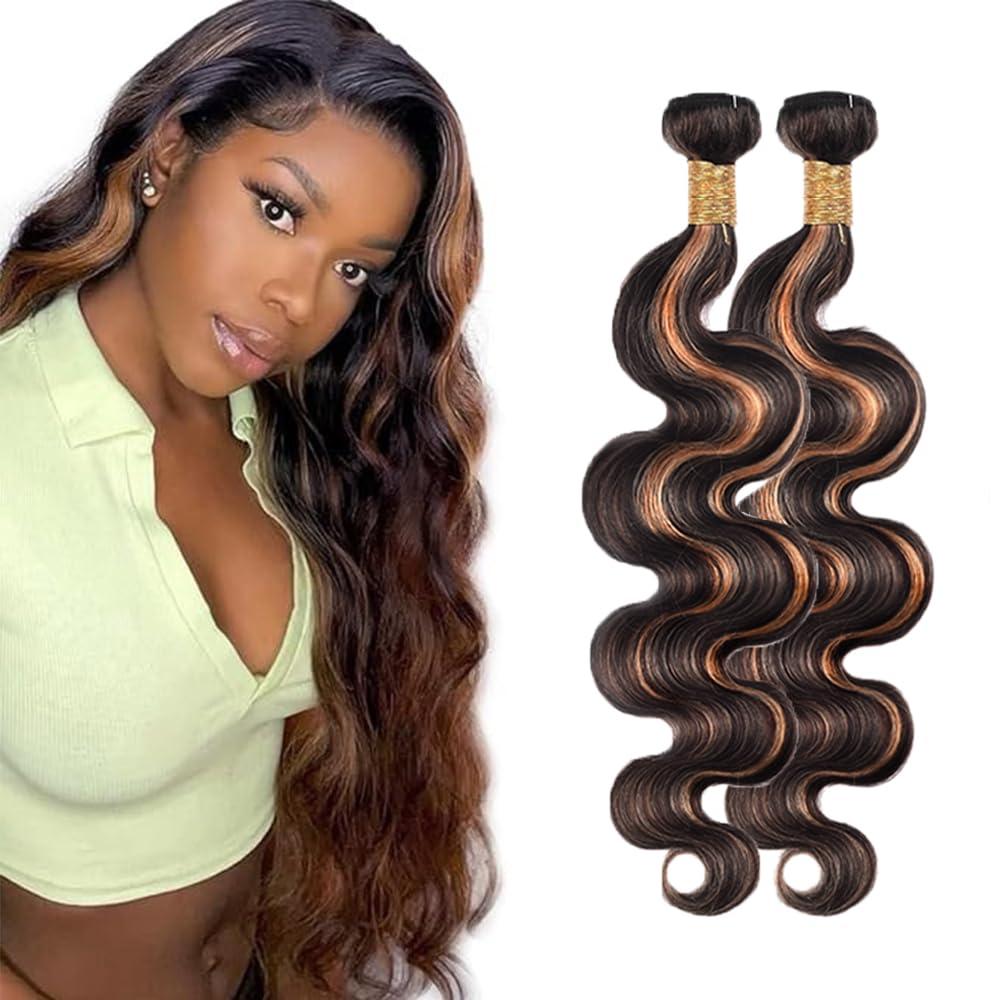 P1B/30 Body Wave Bundles Brown Human Hair Bundles 28 28 Inch Highlights Bundles Human Hair Brazilain Virgin Hair 2 Bundles Two Tone Black Mixed With Brown Bundles Color #1B30 Bundles