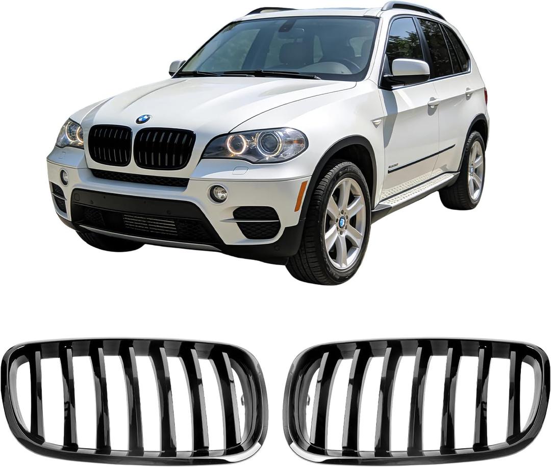 Joyzeal E70 Single Slat Kidney Grille for 2007-2013 BMW X5 E70 X6 E71 (30i 35i 50i xDrive 4.8i 3.0si) | Gloss Black ABS Snap-On No Modification | 1 Pair