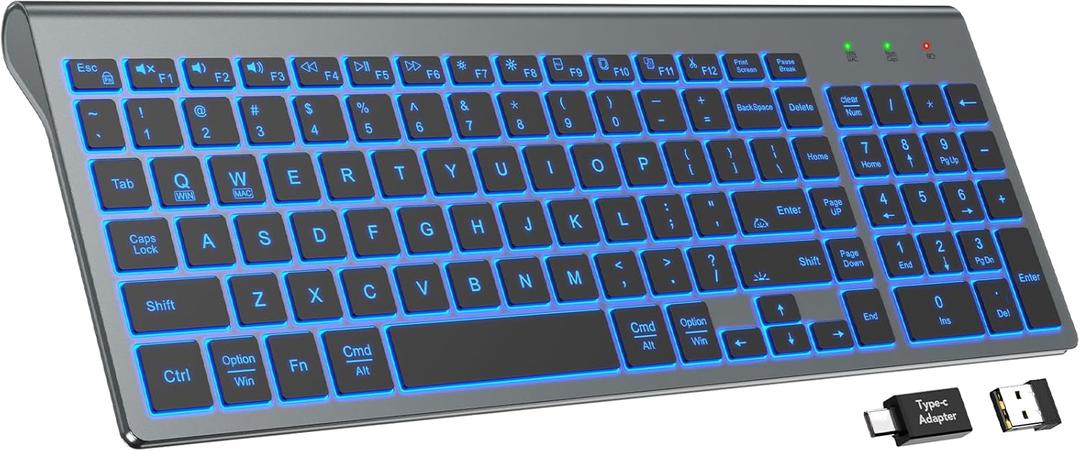 SABLUTE Wireless Keyboard with 7 Colored Backlits, Rechargeable Silent Compact Cordless Computer Keyboard with Low Profile Quiet Light Up Keys for Windows, PC, Linux, Chrome, Mac (Grey)