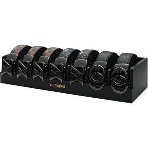 Belt Organizer, 7 Compartments Belt Organizer for Closet and Drawer, Belt Holder Case for Tie and Belt, Bamboo Storage Box for Men and Women (Black, 7)