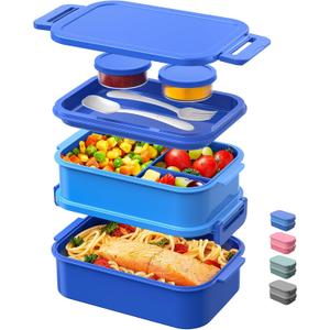 DaCool Bento Box Adults Lunch Container - 74 OZ Stackable Leakproof Bento Lunch Box for Adults Men Boys Teens Large Lunch Box Containers with Fork Spoon Sauce Boxes for Work School Dining Out, Blue