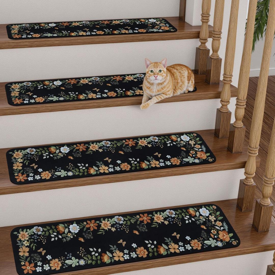 OJIA Floral Stair Treads Non-Slip Carpet Stair Treads for Wooden Steps Indoor 15PCS 30"x8" Stair Runner Stair Mats Staircase Step Treads for Kids, Elders and Dogs, Stair Covers, Black