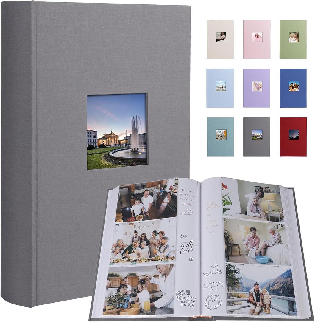 1DOT2 Photo Album 4x6 420 Photos With Writing Space, Linen Cover With Memo Slip-in Pockets, Pictures Album Book for Wedding, Kids, Travel, Family, Baby (Gray)