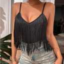 Women's Sleeveless Fringe Camisole Tops V Neck Spaghetti Strap Summer Cami Shirts (Large, Black)