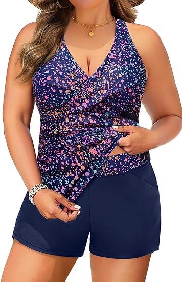 Daci Plus Size Tankini Swimsuit for Women - Two Piece Tummy Control Bathing Suit Tankini Top with Two Pockets Shorts,XXL