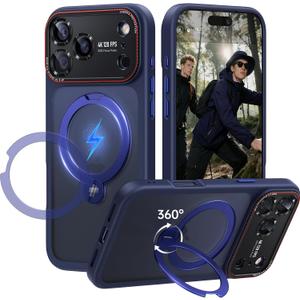 for iPhone 17 Pro Case: 360 Spin Magnetic Stand, Camera Protection (Compatible with MagSafe) [18FT Military Protection] Shockproof Matte Translucent Phone Cover for iPhone 17 Pro 6.3", Blue