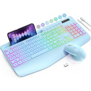 Wireless Keyboard and Mouse Combo, 9 Backlit Effects, Wrist Rest, Phone Holder, 3 DPI Speed, 2.4G Ergonomic Keyboards, KM22 MAX Rechargeable Silent Set for Computer, Laptop, Mac, Windows, Blue-SABLUTE