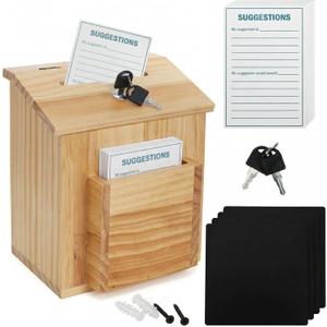 ZENFUN Wooden Suggestion Box with 50 Free Suggestion Cards, Natural Pinewood Ballot Comment Box Donation Box with Locking Hinged Lid for Countertop or Wall Mounted, 8.6" x 6.8" x 10"