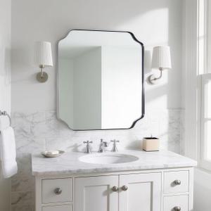 ANDY STAR 24"x24" Chrome Mirror, Polished Nickel Square Mirror for Wall, Scalloped Bathroom Mirror in Anti-Rust Stainless Steel Frame, Unique Notched Corner Designed Ideal for Home Remodel
