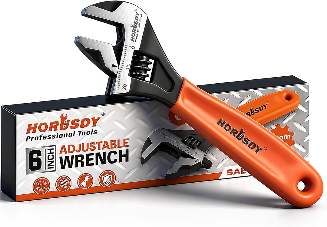 HORUSDY 6" Adjustable Wrench Pipe Spanner: Wide Jaw Black Oxide Wrench With Cushion Grip, Laser Marked Metric & SAE Scales, CR-V Steel, for Professionals