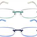 JJWELL 3 Pack Blue Light Blocking Reading Glasses for Women, Anti Eyestrain/ Computer Glare UV 400 Filter Readers with Spring Hinge, Lightweight Rimless Tinted Metal Blue Rays Eyeglasses (3.50)