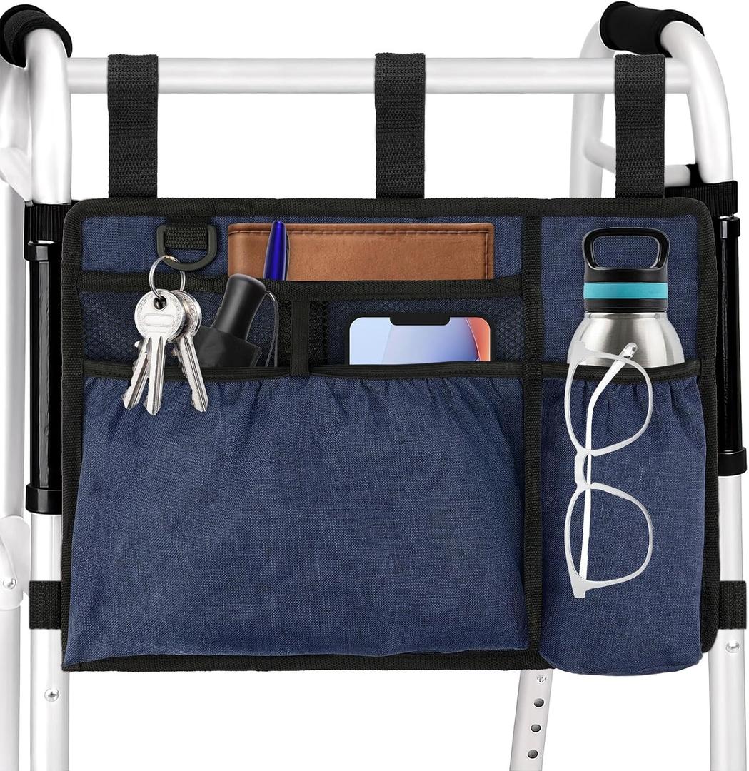 Walker Bag Basket with Cup Holder for Folding Walker Accessories for Seniors Elderly, Handicap, Foldable & Water Resistant Walker Storage Bags with Big Capacity - Dark Blue