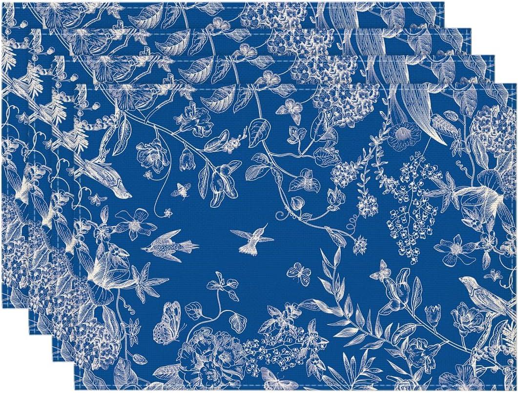 Artoid Mode Hydrangea Flowers Branches Chinoiserie Spring Placemats Set of 4, 12x18 Inch Blue Table Mats for Party Kitchen Dining Decoration (Navy)