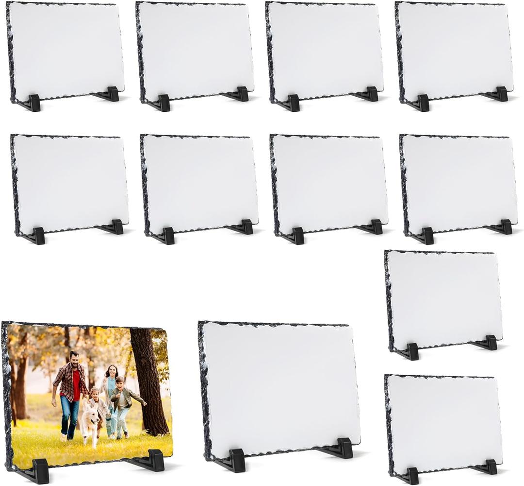 12 Pack Sublimation Slate Blank Rock Stone Photo Rectangular Frame Heat Transfer Plaque Picture Frame with Display Holder for DIY Craft 5.9 x 7.9 Inch