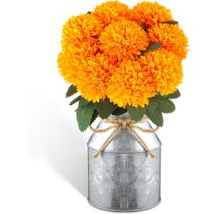 Domensi Mexican Artificial Marigold Flowers Table Centerpiece Decoration 9 Fake Silk Flowers with Metal Pot Halloween Flower Day of The Dead Home Dining Table Decoration for Diwali(Orange)