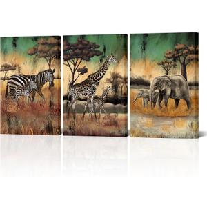 NutArtPic 3 Pieces Safari Animals Canvas Wall Art African Wildlife Prints Fall Animals Family Mom And Baby Pictures Wild Elephant Giraffe Zebra Artwork For Home Office Decor 24"X16" (Medium)