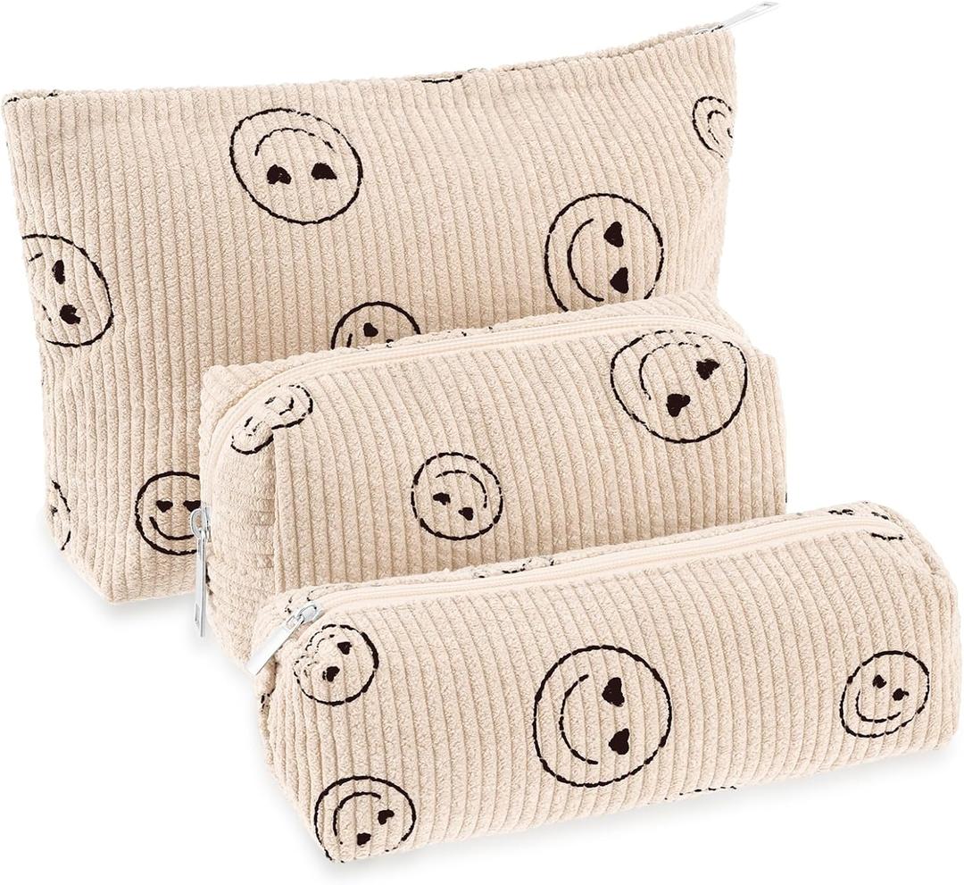 Huhumy 3 Pcs Makeup Bag Set for Women Corduroy Cosmetic Pouch Aesthetic Smile Travel Toiletry Bag Cute Purse Pouch Pencil Case Makeup Brushes Storage Organizer with Zipper(Beige,Smile Face)