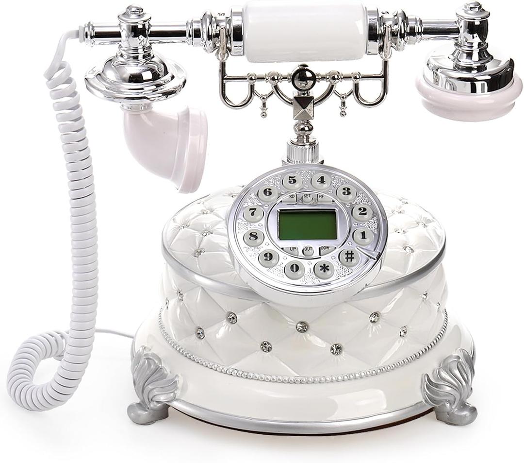 Jucoan Vintage Retro Landline Telephone, European Style Antique Old Fashioned Corded Phone Luxury Desktop Landline Telephone with Push Button LCD for Home Office Hotel Bar Decor, Elegant White