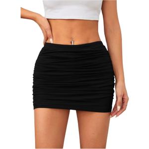 WDIRARA Women's Bodycon Mini Skirt Ruched Mesh Stretchy Tight Sexy Skirt with Streetwear Style, S