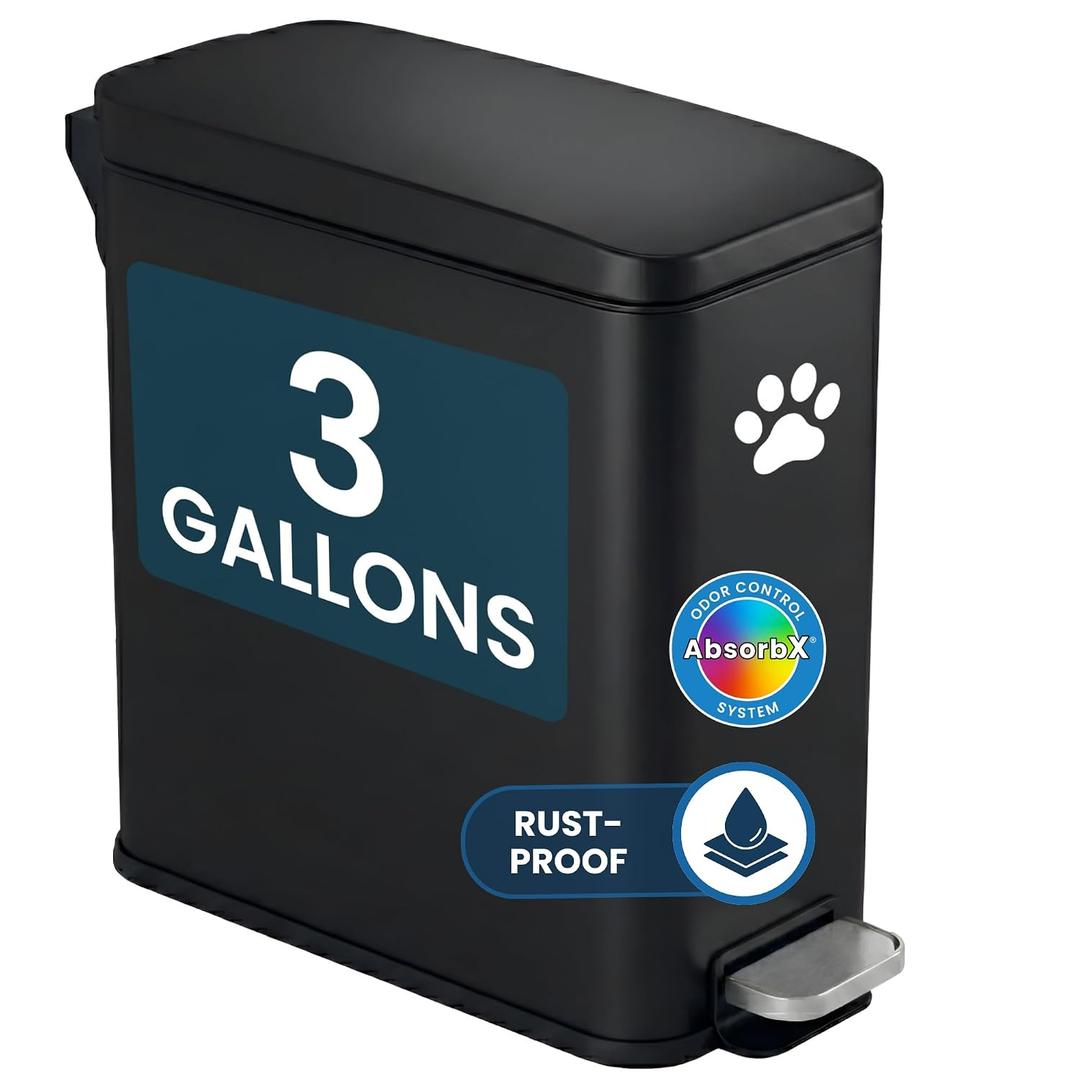iTouchless 3 Gallon / 12 Liter Dog Poop Trash Can with Lid & AbsorbX Odor Filter, Outdoor Rust-Proof Stainless Steel Pet Waste Bin, Soft-Close Step Pedal for Backyard, Bathroom & Office, Matte Black