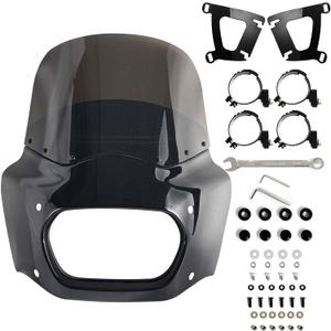 Motorcycle Fairing Windshield Kit, Retro Motorbike 11" Smoked Wind-Screen Black Fairing, 48-58mm Forks Fit for Softail Fat Bob FXFB 2018-2019 114 FXFBS 2018-2023