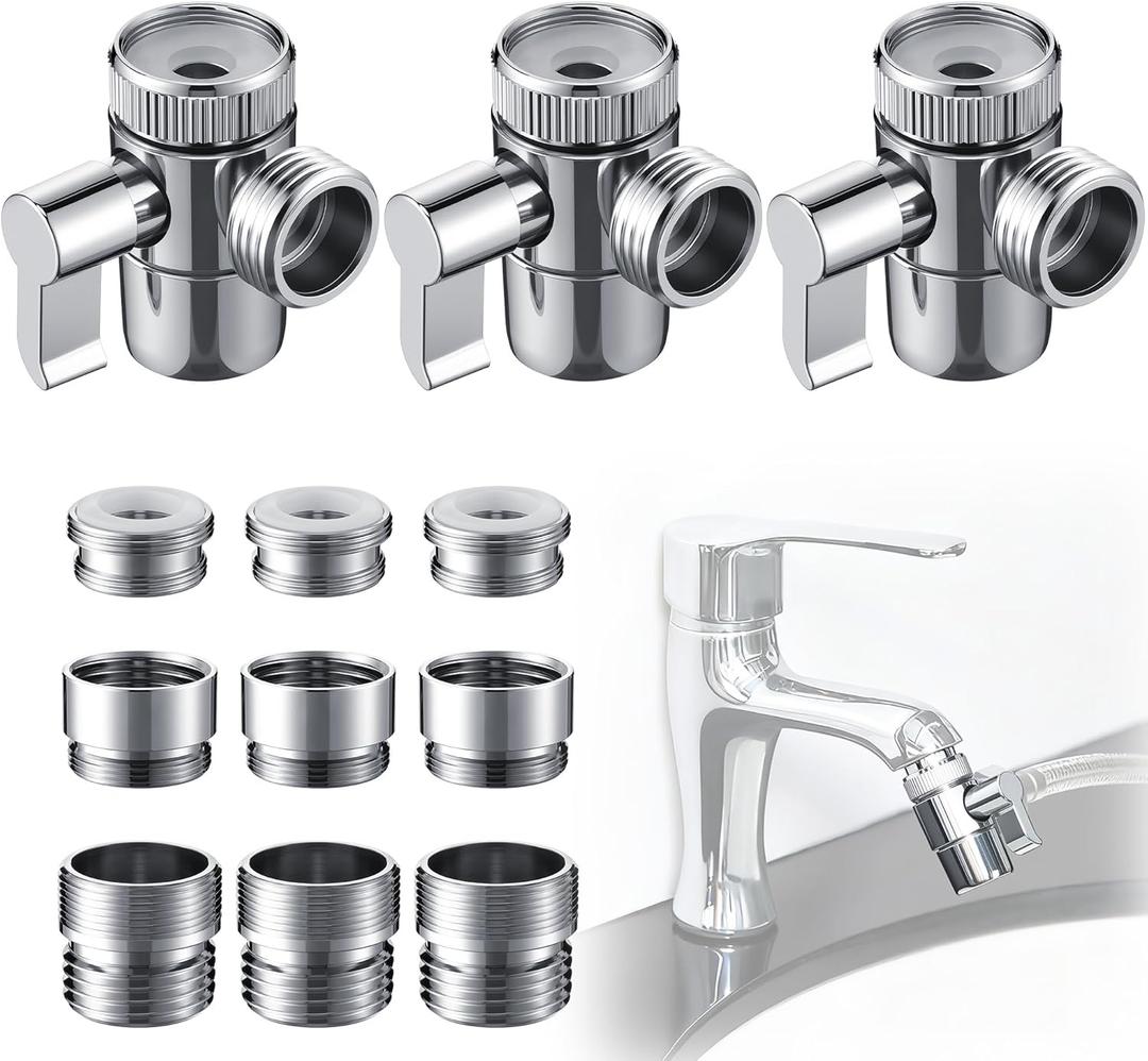 Dreyoo 3 Set Faucet Diverter Valve with Aerator include 55/64'', 15/16'', G1/2'' Hose Adapter, Each of Three, 3 Way Diverter Valve For Handheld, Garden Sink Faucet Splitter for Bathroom