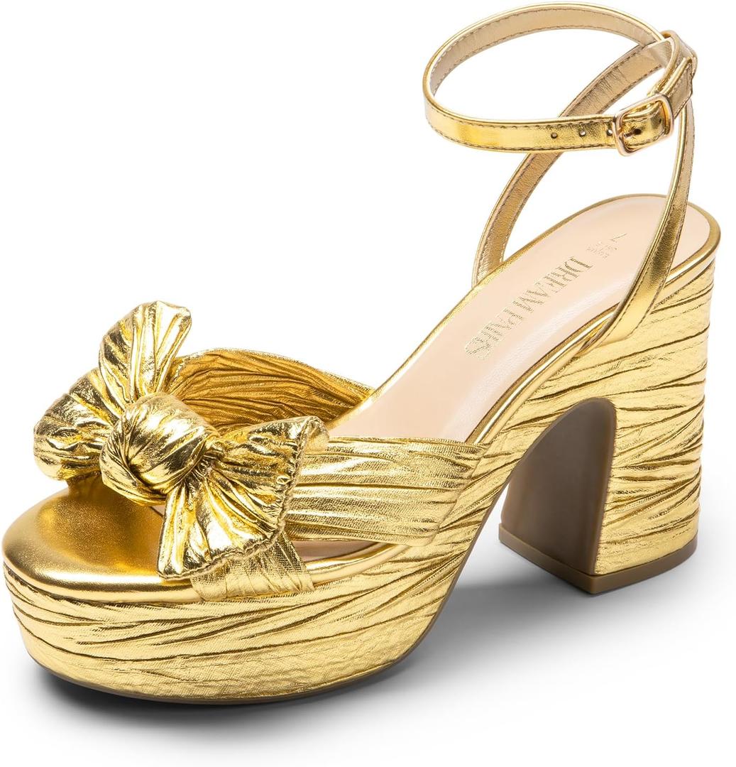 DREAM PAIRS Women's Chunky Platform Heels Sandals Pleated Bow Knot Ankle Buckle Strap Heeled Sandals Open Toe Comfortable Wedding Party Dress Shoes (6.5, Gold)