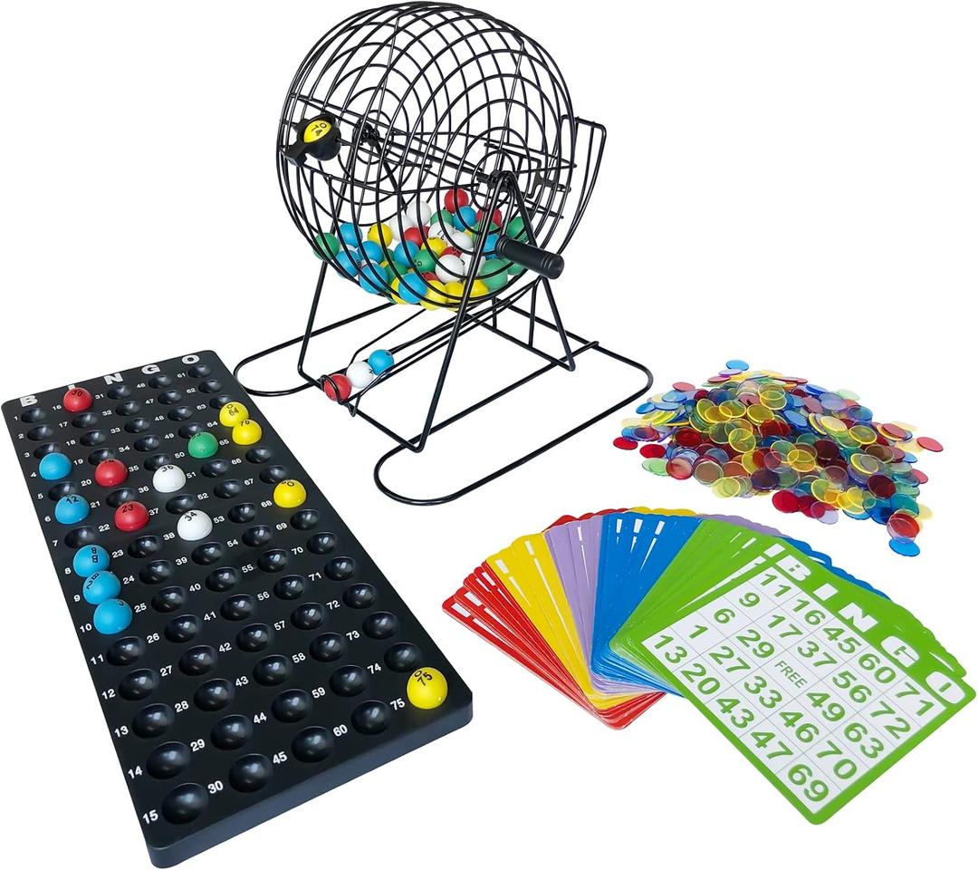 Yuanhe Jumbo Bingo Game Set - 11 Inch Tall Metal Cage with Calling Board, 7/8" Bingo Balls, 500 Bingo Chips,100 Bingo Cards for Large Group Games