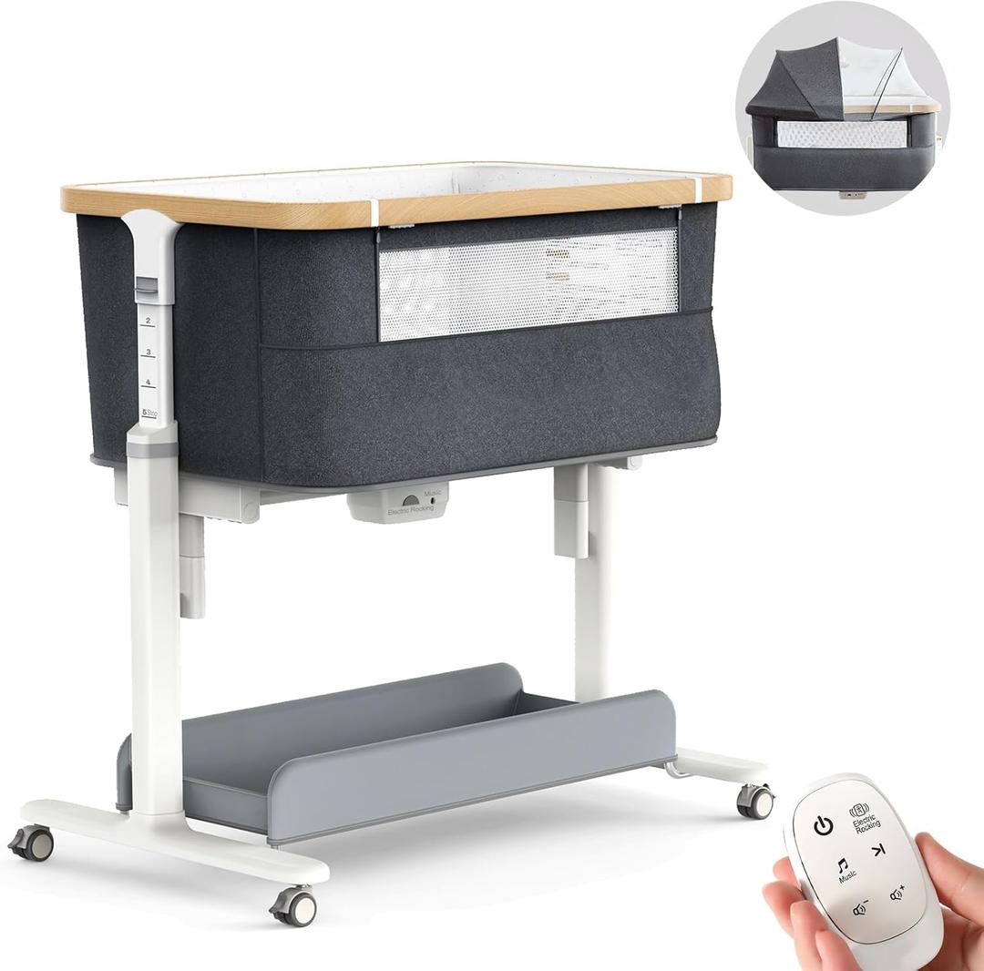 Electric Baby Bassinet 3 Rocking Motion Cradle for Babies Infant, Auto Rolling Bedside Sleeper with Mosquito Net, 3 in 1 Baby Crib 5 Adjustable Heights,Dark Grey