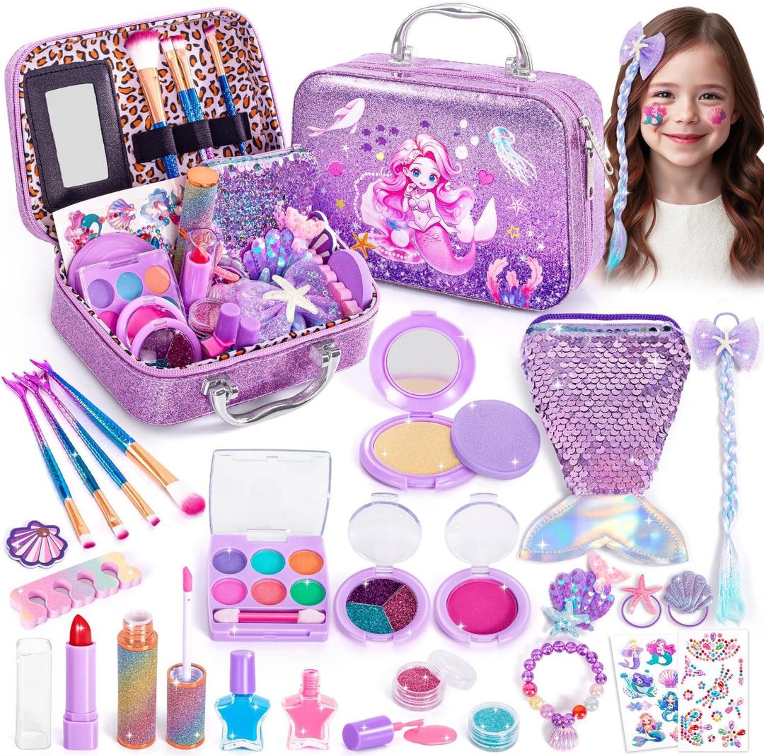 Hohosunlar Kids Makeup for Toddlers Toys, Washable Make Up Set Non-Toxic Mermaid Toys for Girls, Kids Hair, Nail Polish, Brushes, Purse Accessories, Princess Christmas Birthday Gift Toys for Girls 3+, Child-size