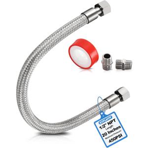 Industrial Grade Compressor Jumper Hose - 1/2" NPT Male (20" Length), 450 PSI 750F, Flexible Stainless Steel with Freely Rotating Fittings for Air Compressor System