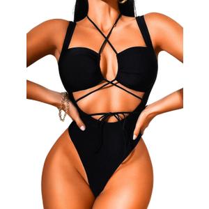 Cutout One Piece Swimsuit,Plunge High Cut Thong Sexy Monokini Bodysuit,Rave Outfit for Women Festival Pool Party (Large, Black)