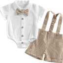 Newborn Baby Boy Gentleman Outfit Summer Short Sleeve Button Up Bowtie Dress Shirt Romper Plaid Suspender Shorts Set (White)