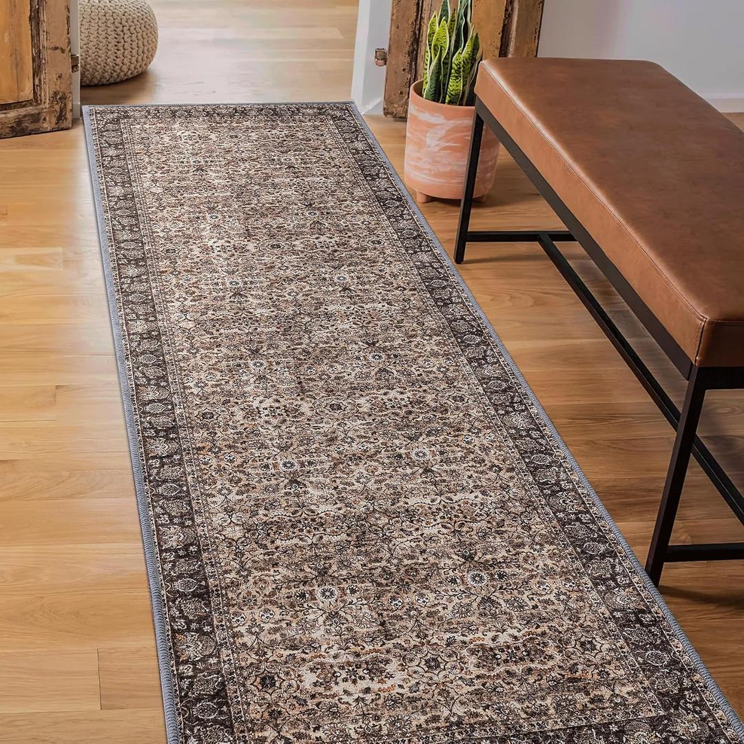 RYB HOME Hallway Runner Rug 2x10 for Kitchen Bathroom, Washable Ultra Soft Stain Resistant Floral Distressed Rug Runner for Living Room Upstairs Hallway Laundry, 2x10 ft, Brown