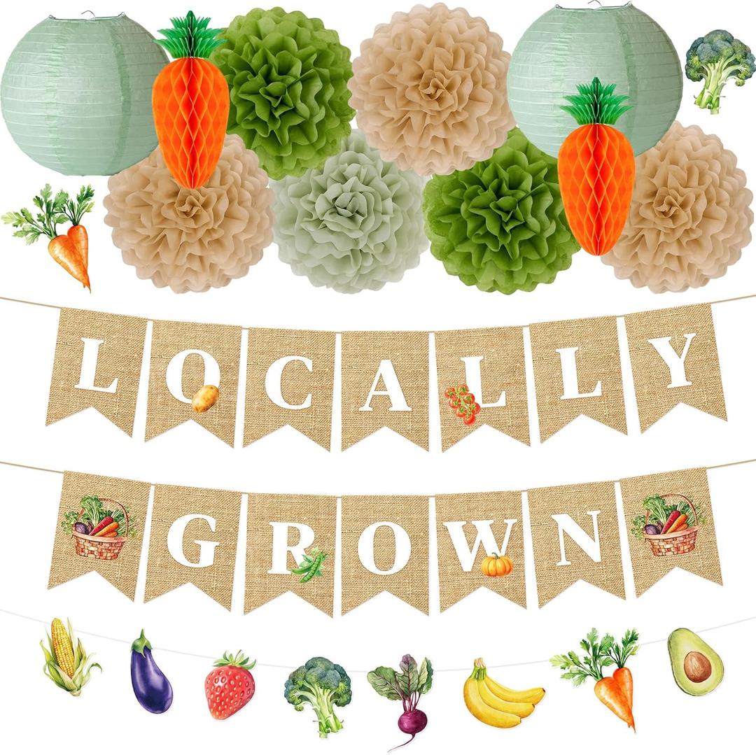 Kriyokiaa Locally Grown Baby Shower Decorations, 12 PCS Farmers Market Baby Shower Decor with Locally Grown Banner, Paper Tissue Pom Poms, Lanterns for Farmers Market Party Decor