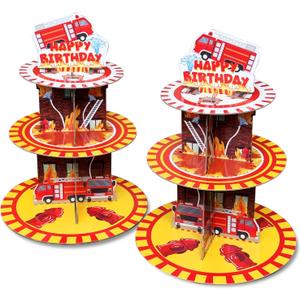 2 Pack Firetruck Cupcake Stand Birthday Party Supplies, Firefighter Cup Cake Tower Stand Red 3 Tier Cardboard Cupcake Stand Display Dessert Holder for Boys Fire Truck Theme Party Decorations Favors