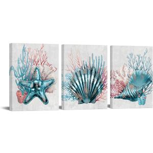 RyounoArt Coral Art Wall Decor Beach Sea Shell Pictures Prints on Canvas Teal and Coral Bathroom Decor Framed 12 * 16 inch each