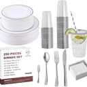 250 Count Silver Disposable Plastic Dinnerware Set, 50 Silver Plates, 25 Plastic Silverware, 25 Cups and Straws, 50 Napkins, Perfect for Wedding Party